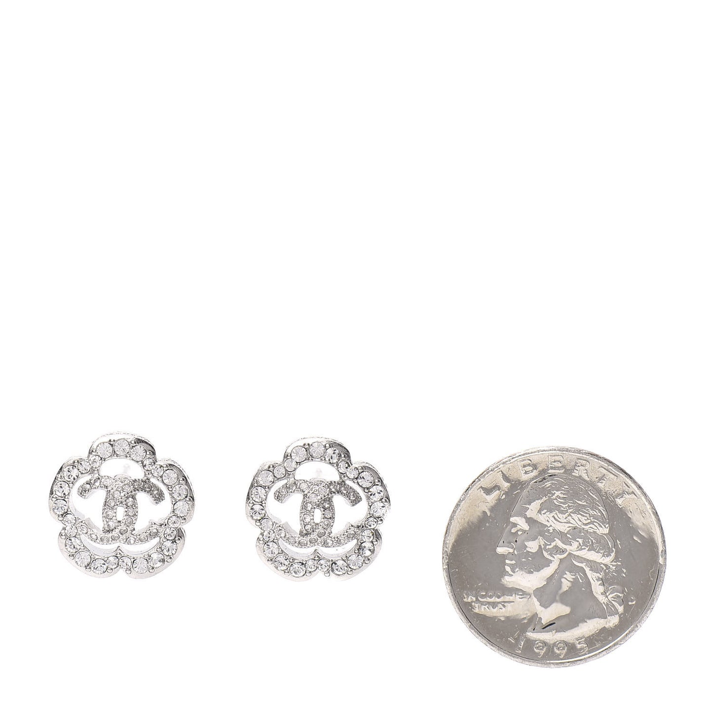 Crystal Coco Flapper Camellia CC Stud Earrings Silver