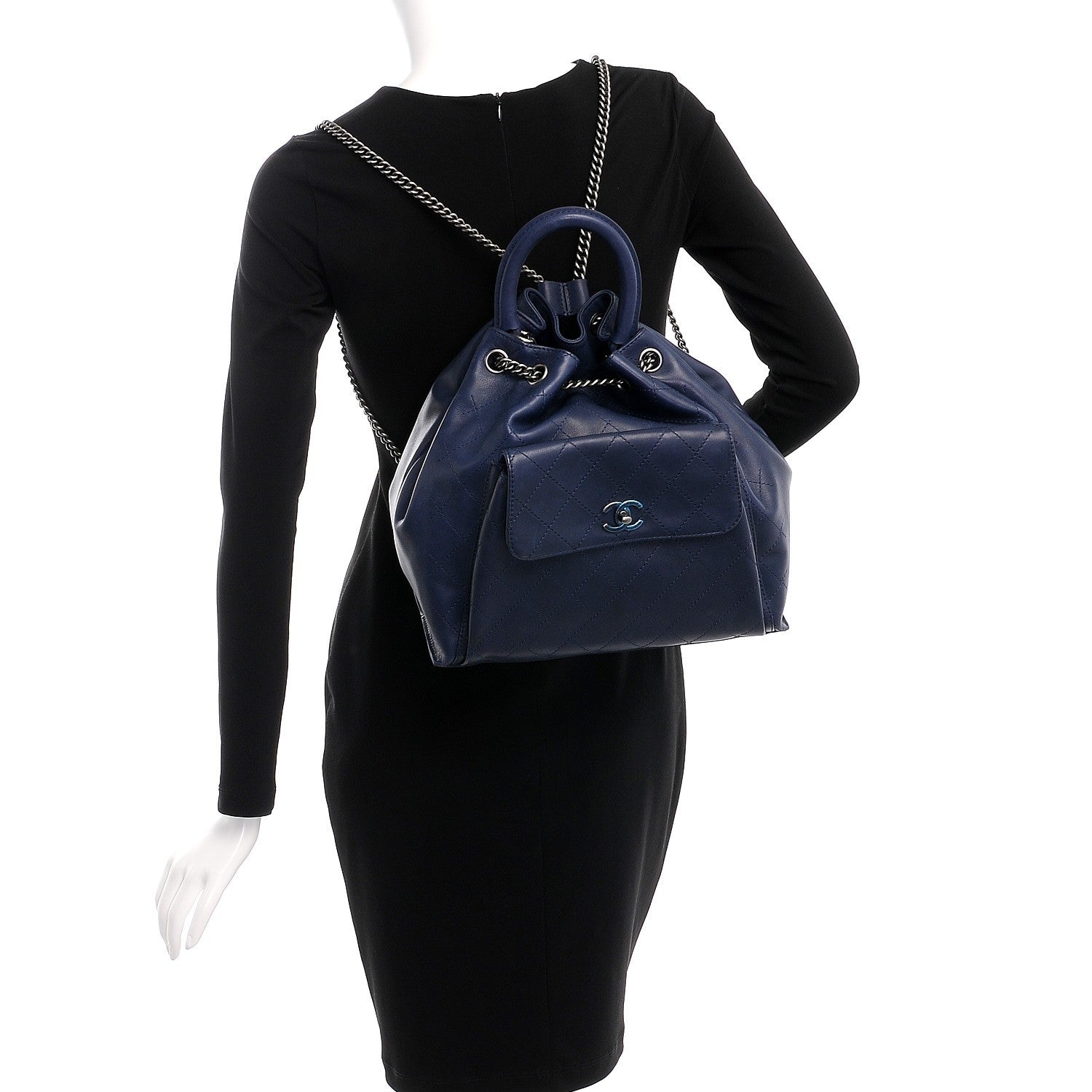Chanel Calfskin Stitched Large Urban Luxury Drawstring Backpack Navy Blue 2 of 11