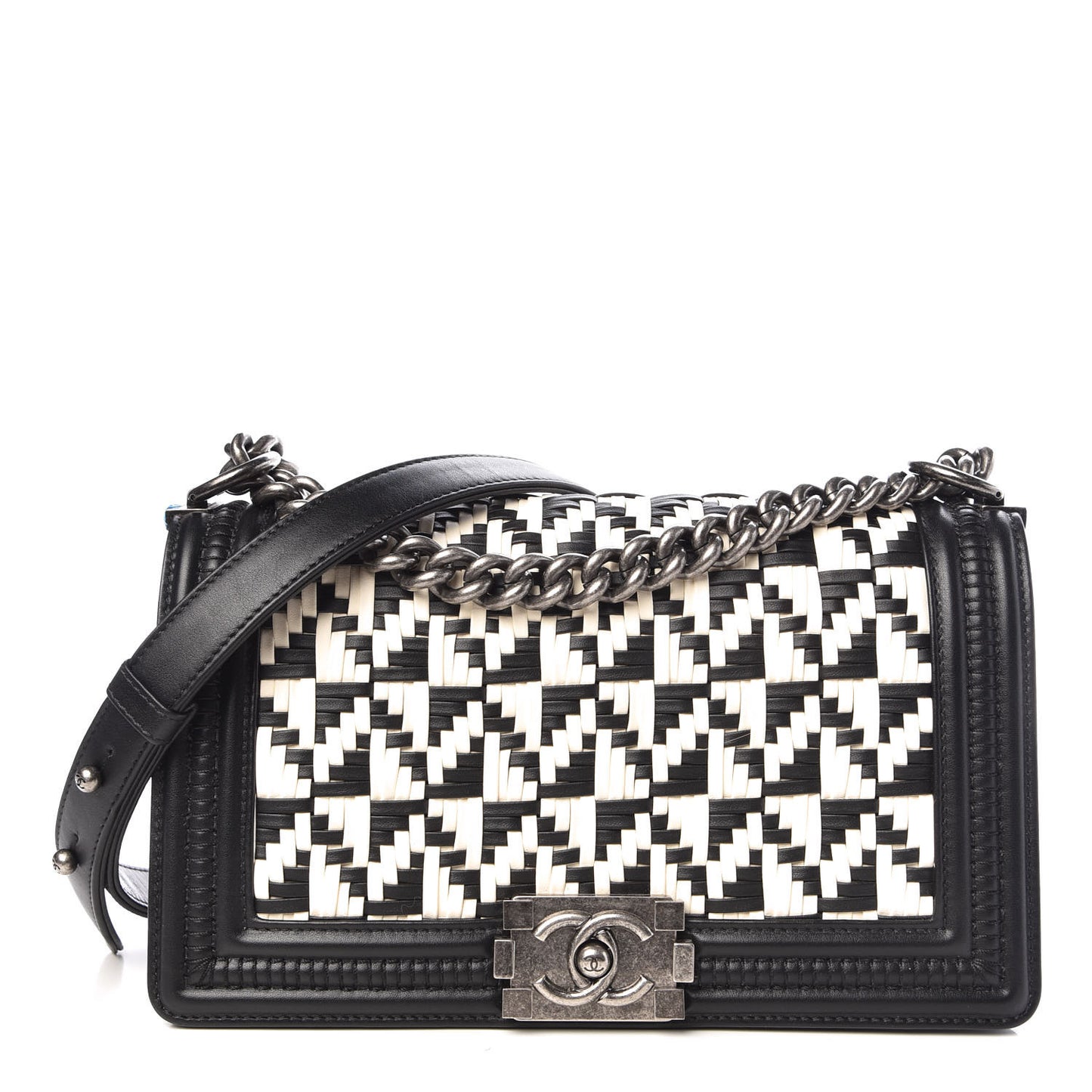 Calfskin Woven Medium Boy Flap Black White