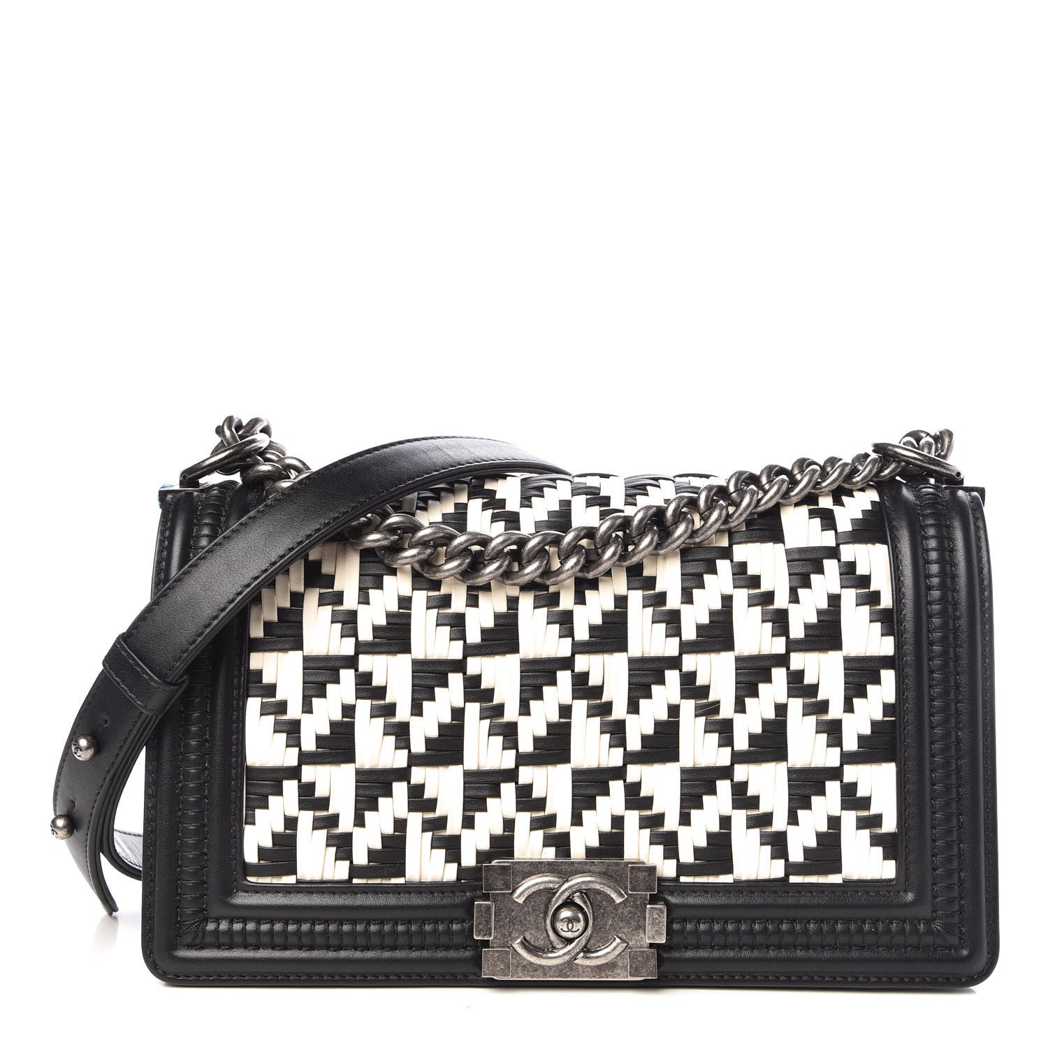 Chanel Calfskin Woven Medium Boy Flap Black White 1 of 9