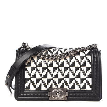 Chanel Calfskin Woven Medium Boy Flap Black White 1 of 9