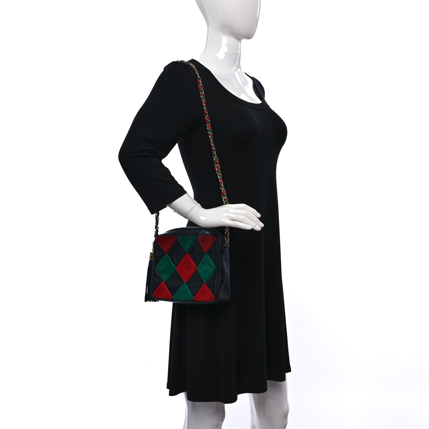 Lambskin Quilted Patchwork Camera Tassel Bag Navy Green Red