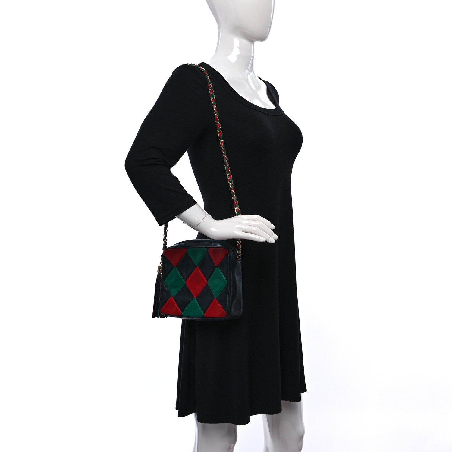 Chanel Lambskin Quilted Patchwork Camera Tassel Bag Navy Green Red 2 of 11