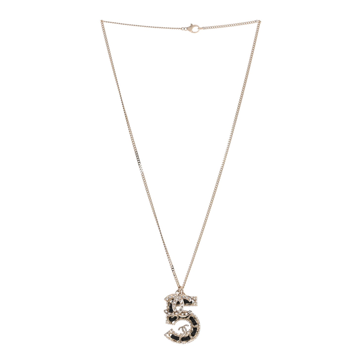 Chanel Lambskin Crystal CC Number 5 Pendant Necklace Gold Black 3 of 5