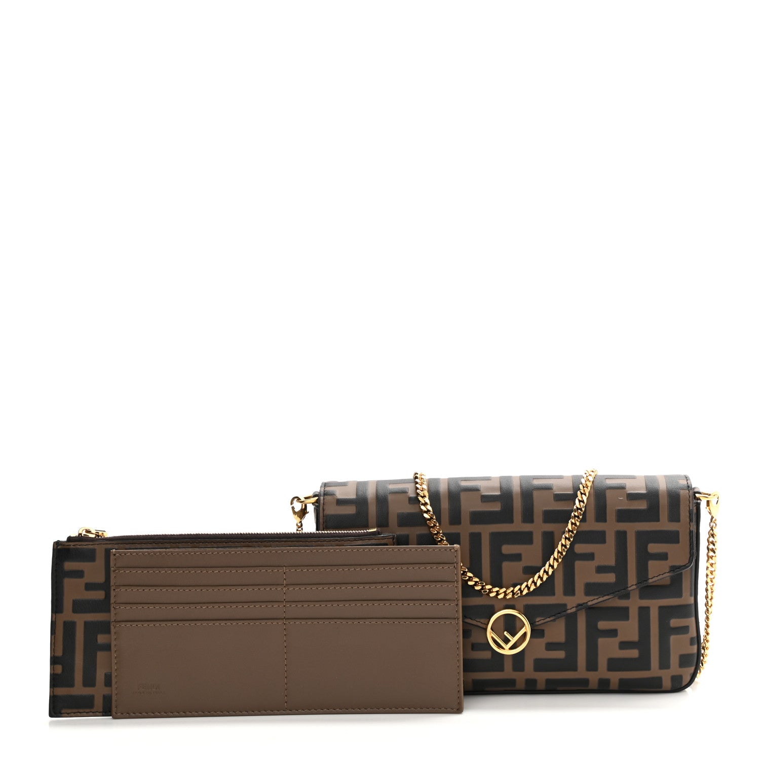 Fendi Vitello Soft F is Fendi Bi-Color FF 1974 Embossed Envelope Wallet On Chain with Pouches Maya Black 1 of 10