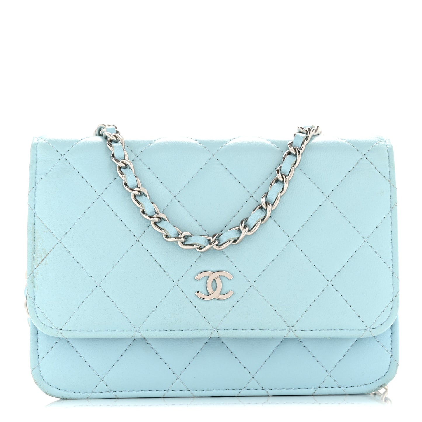 Lambskin Quilted Mini Wallet On Chain WOC Neon Blue