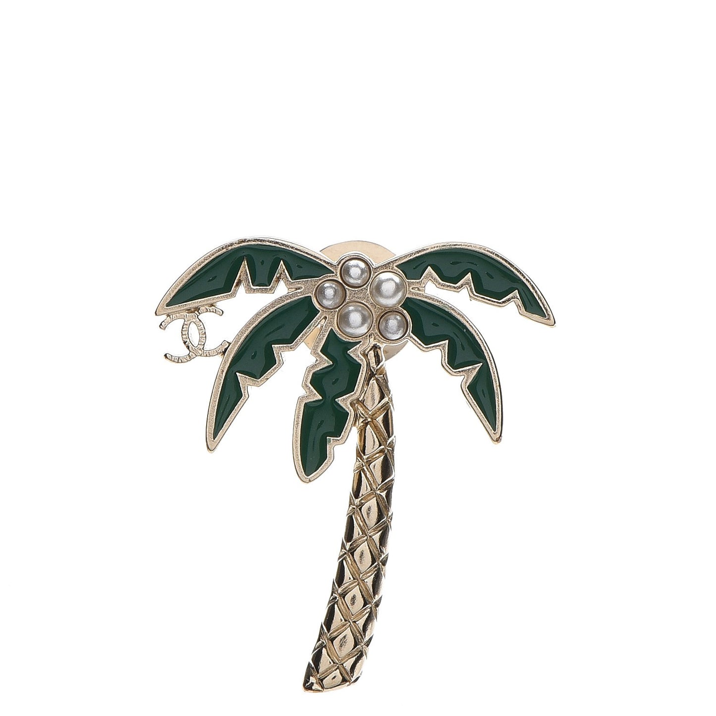 Enamel Pearl Palm Tree Brooch Green Gold