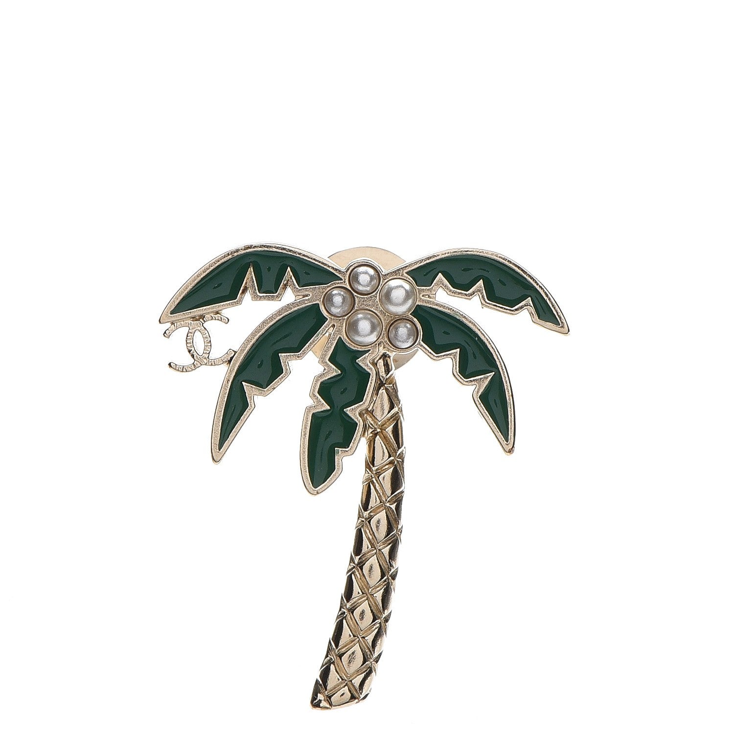 Chanel Enamel Pearl Palm Tree Brooch Green Gold 1 of 6