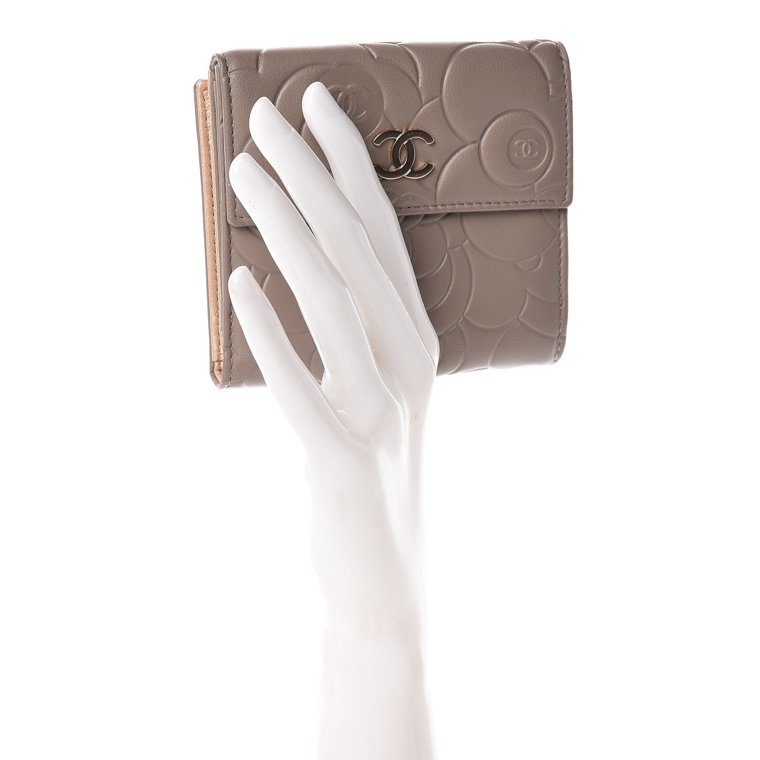 Chanel Lambskin Camellia Embossed French Wallet Beige 2 of 8