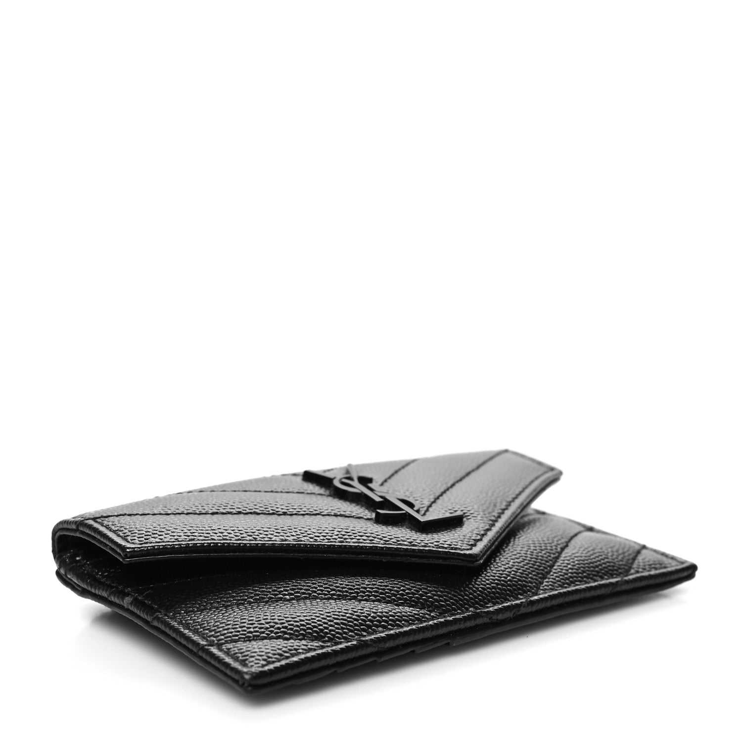 Saint Laurent Grain De Poudre Matelasse Chevron Monogram Monochrome Compact Wallet Black 4 of 8