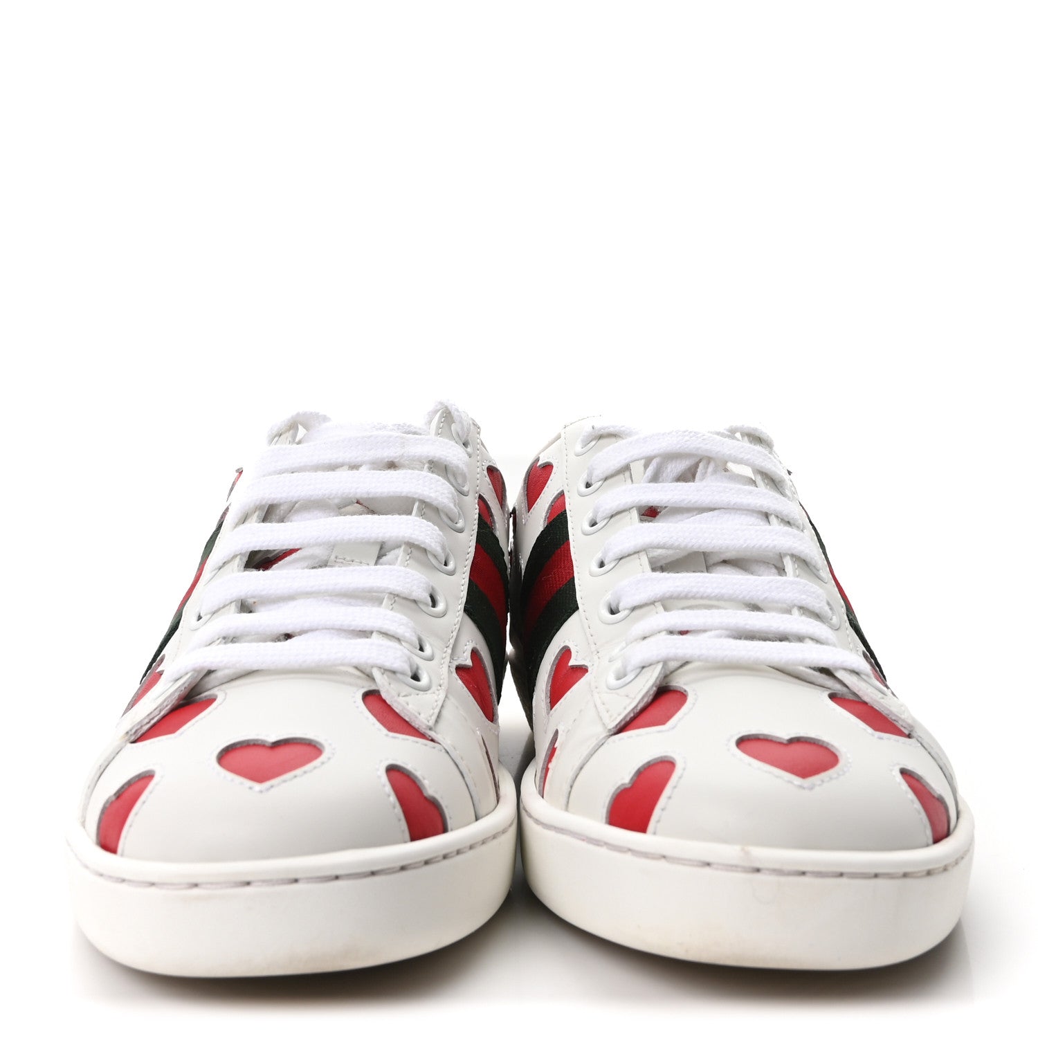 Gucci Calfskin Miro Soft Web Heart Cut Out Womens Ace Sneakers 36.5 White Light Hibiscus Red New Shamarock 3 of 10