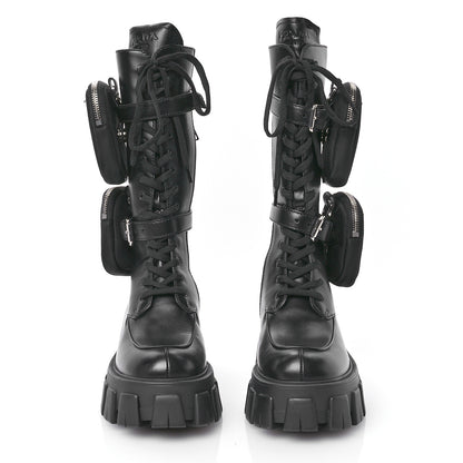 Prada Vitello Lux Nylon Metal Triangle Logo Monolith Pouch Pocket 55mm Tall Combat Boots 35 Black 2 of 7