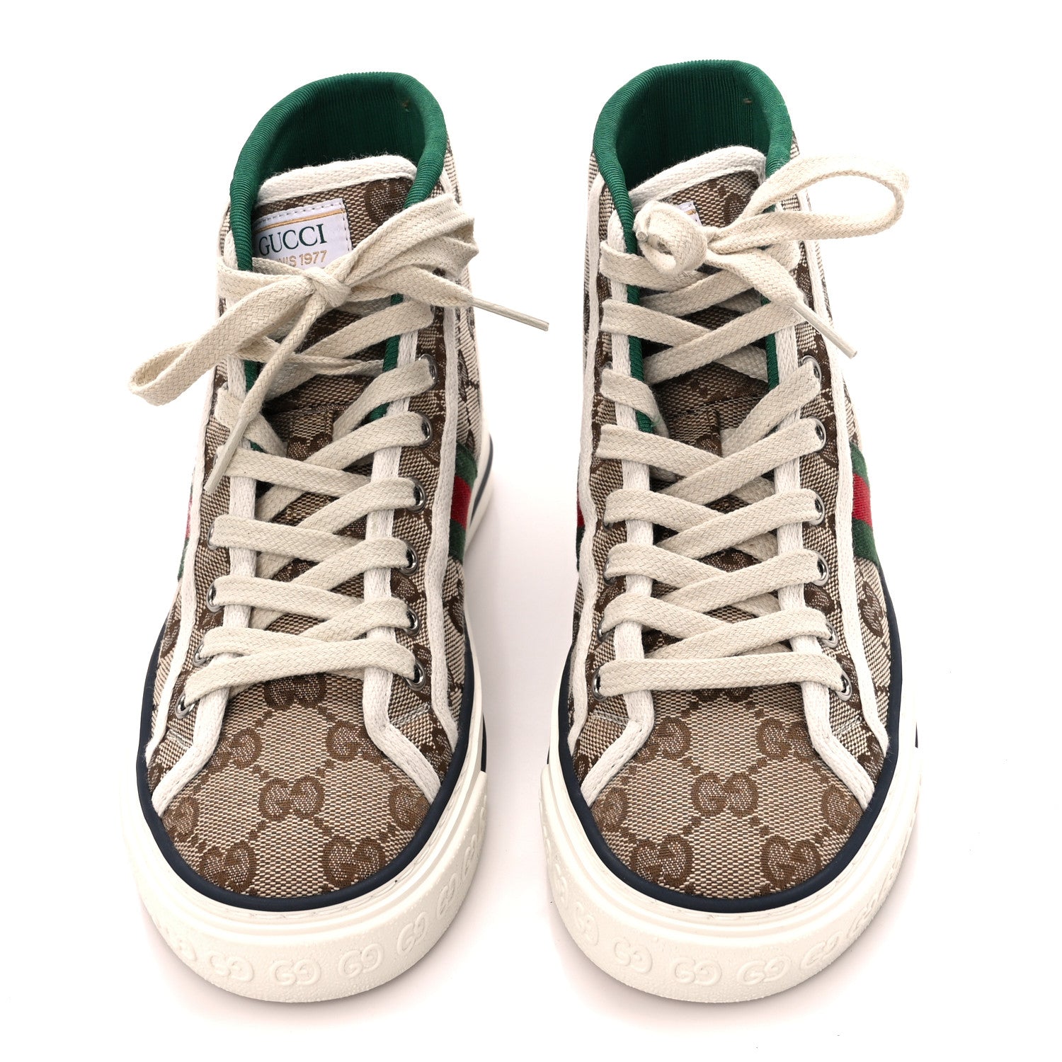 Gucci GG Monogram Web Mens 1977 Tennis High Top Sneakers 35 Beige Ebony Mystic White 2 of 7