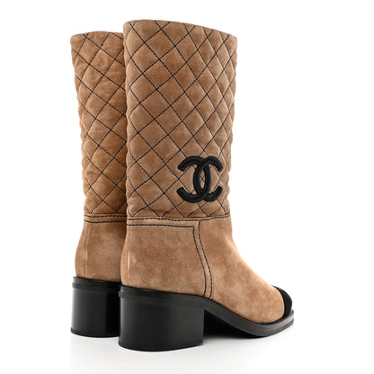Chanel Suede Quilted CC High Boots 38.5 Dark Beige Black 4 of 9