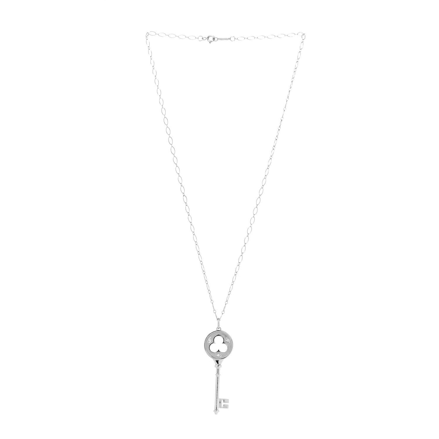 18K White Gold Diamond Clover Key Pendant Link Necklace