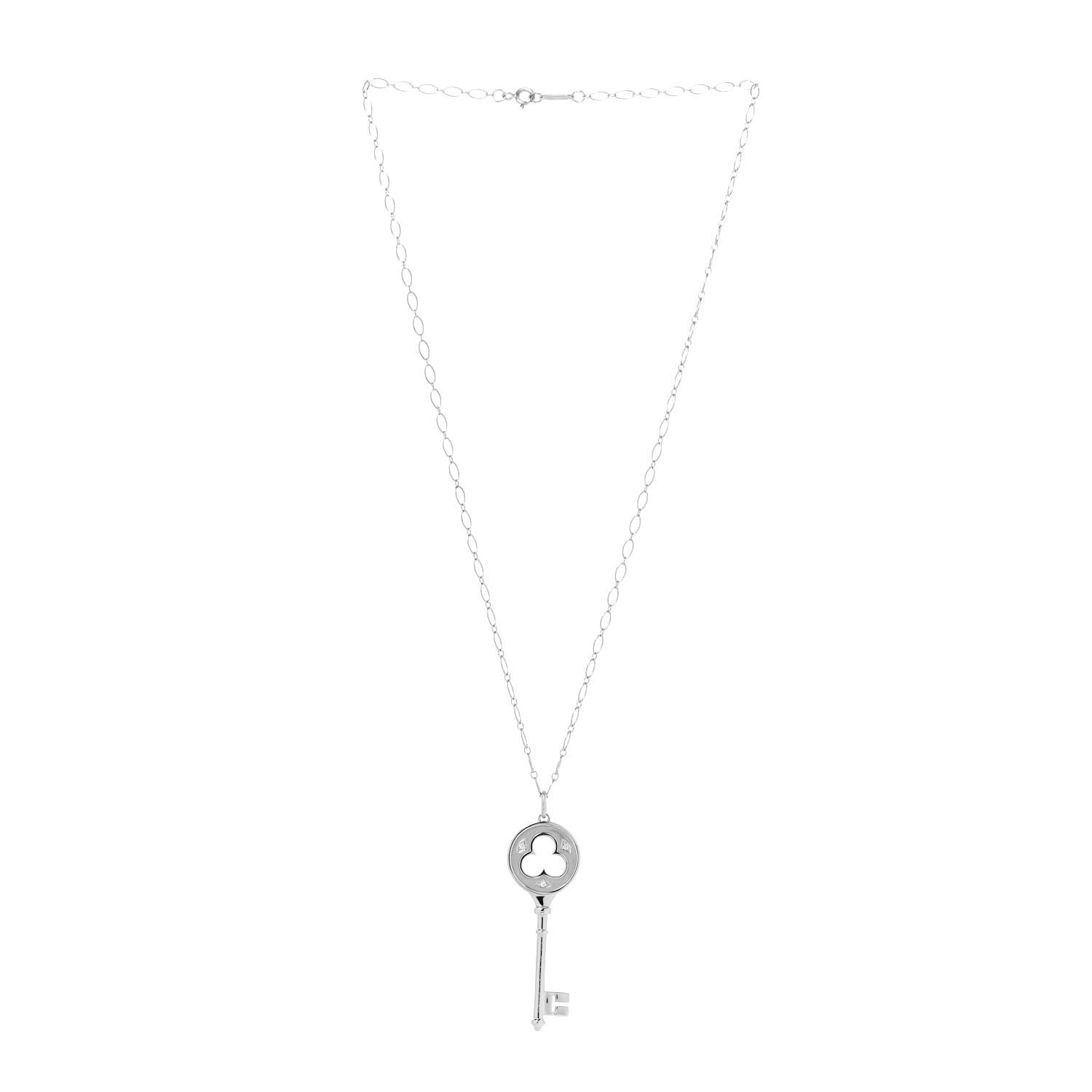 Tiffany 18K White Gold Diamond Clover Key Pendant Link Necklace 3 of 6