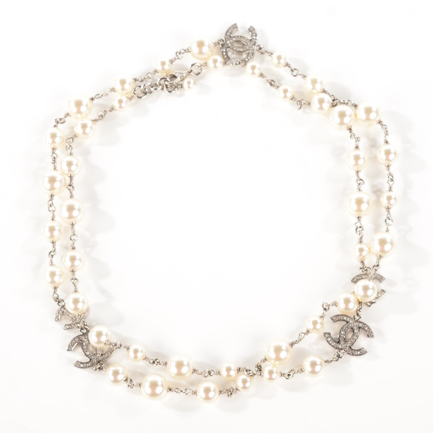 Graduated Pearl Crystal CC Long Necklace Silver