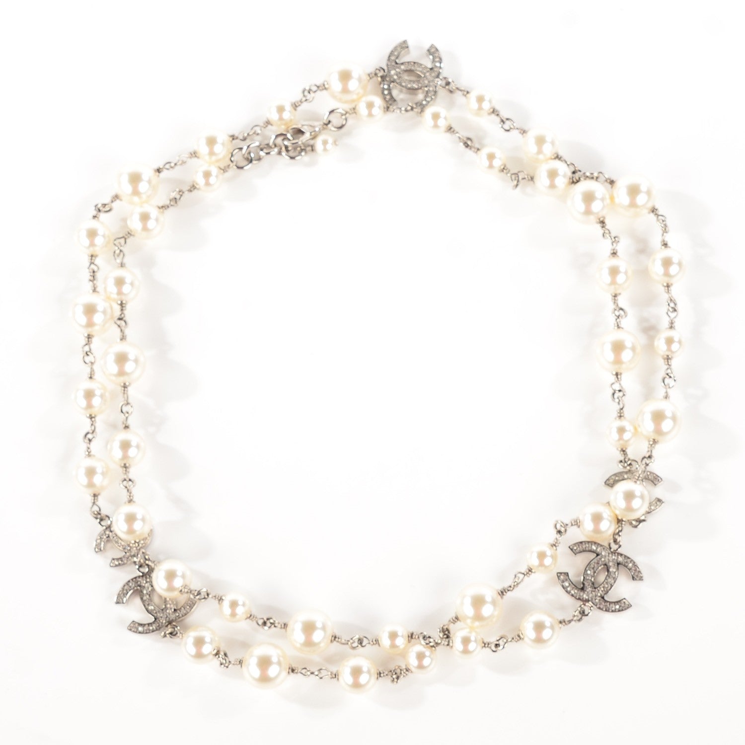 Chanel Graduated Pearl Crystal CC Long Necklace Silver 3 of 7