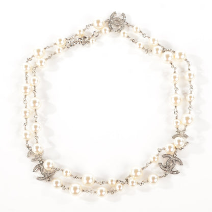 Chanel Graduated Pearl Crystal CC Long Necklace Silver 3 of 7