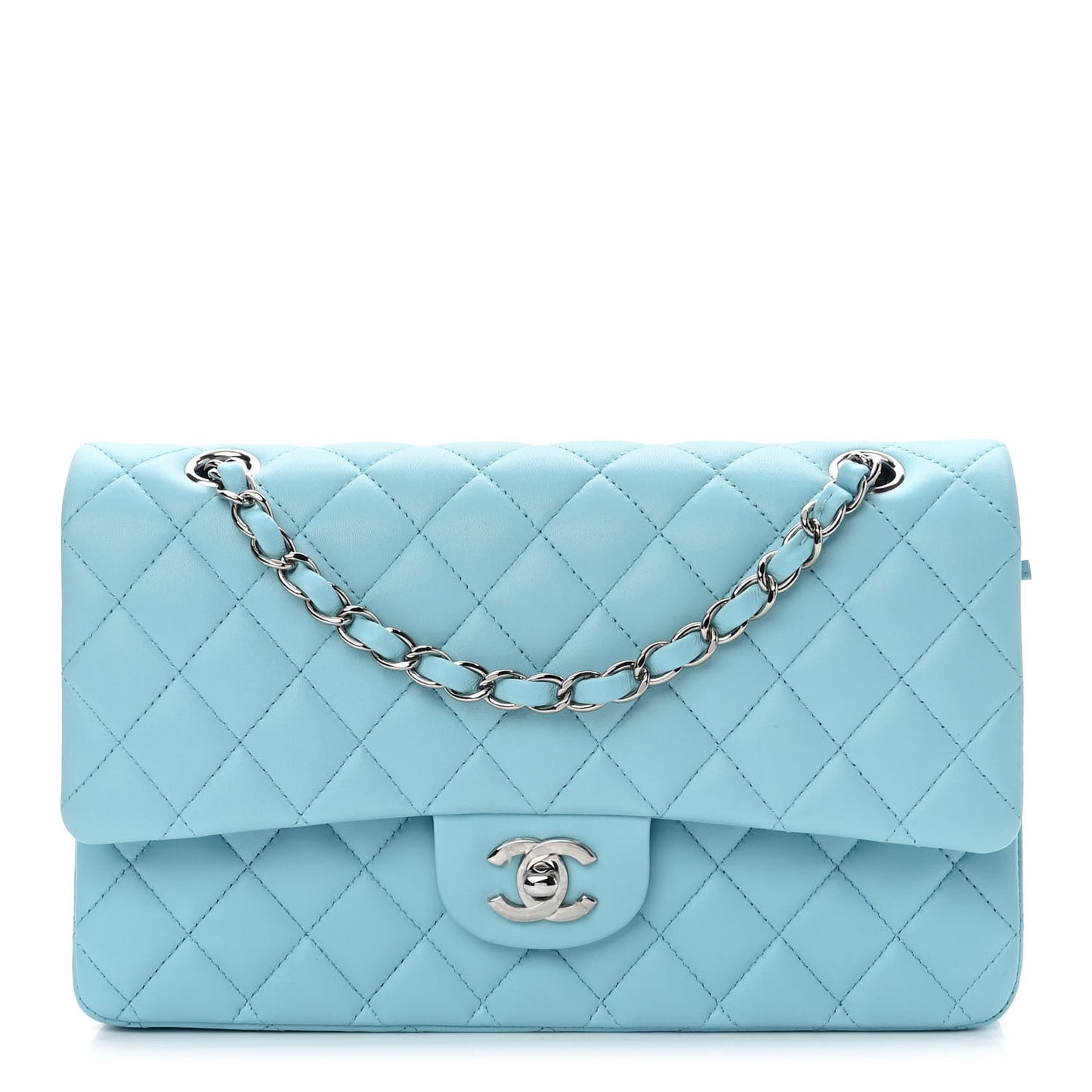 Lambskin Quilted Medium Double Flap Neon Blue