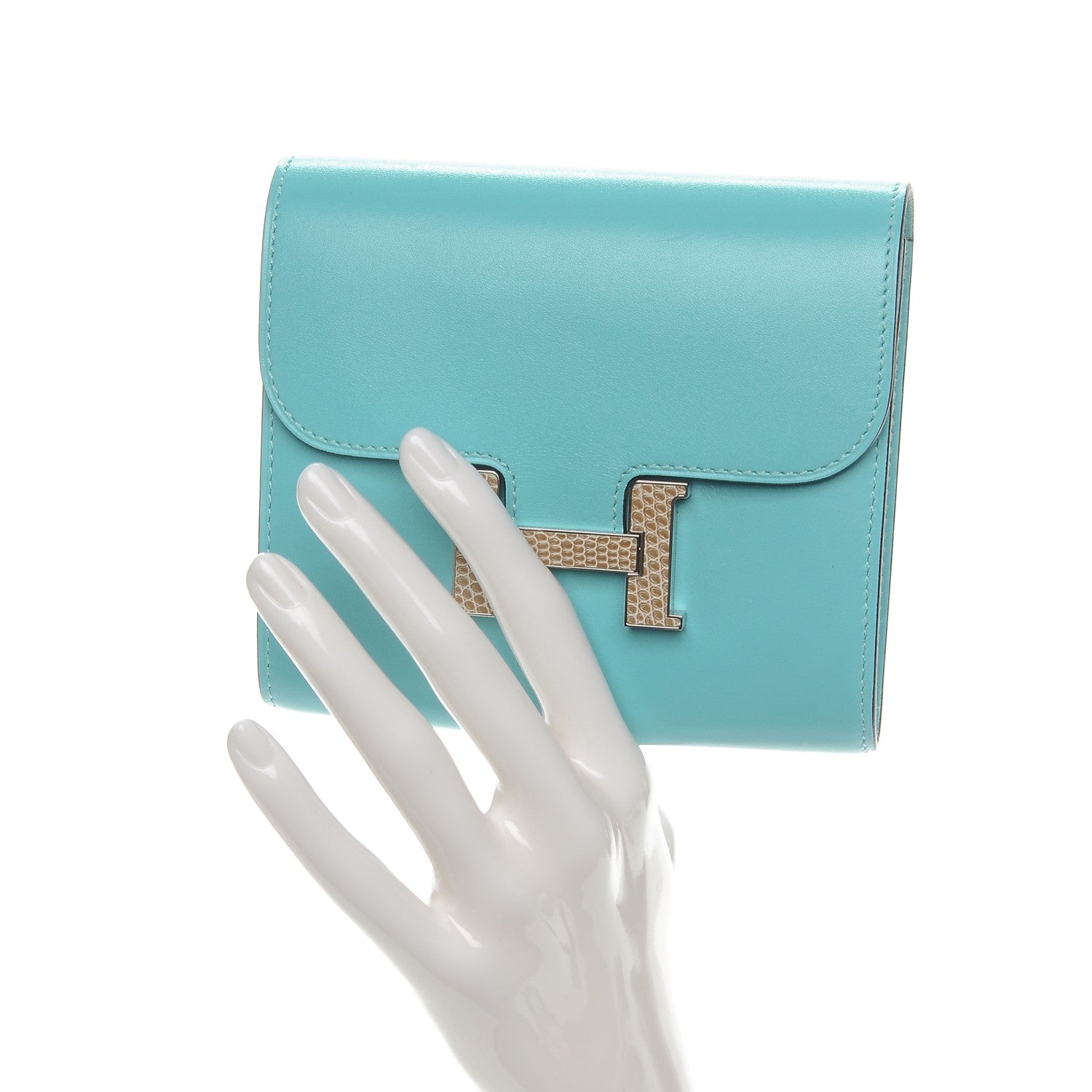 Hermes Tadelakt Lizard Constance Short Wallet Bleu Atoll Ficelle 2 of 7