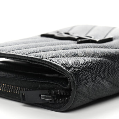 Saint Laurent Grain De Poudre Matelasse Chevron Monogram Monochrome Compact Zip Around Wallet Black 8 of 11