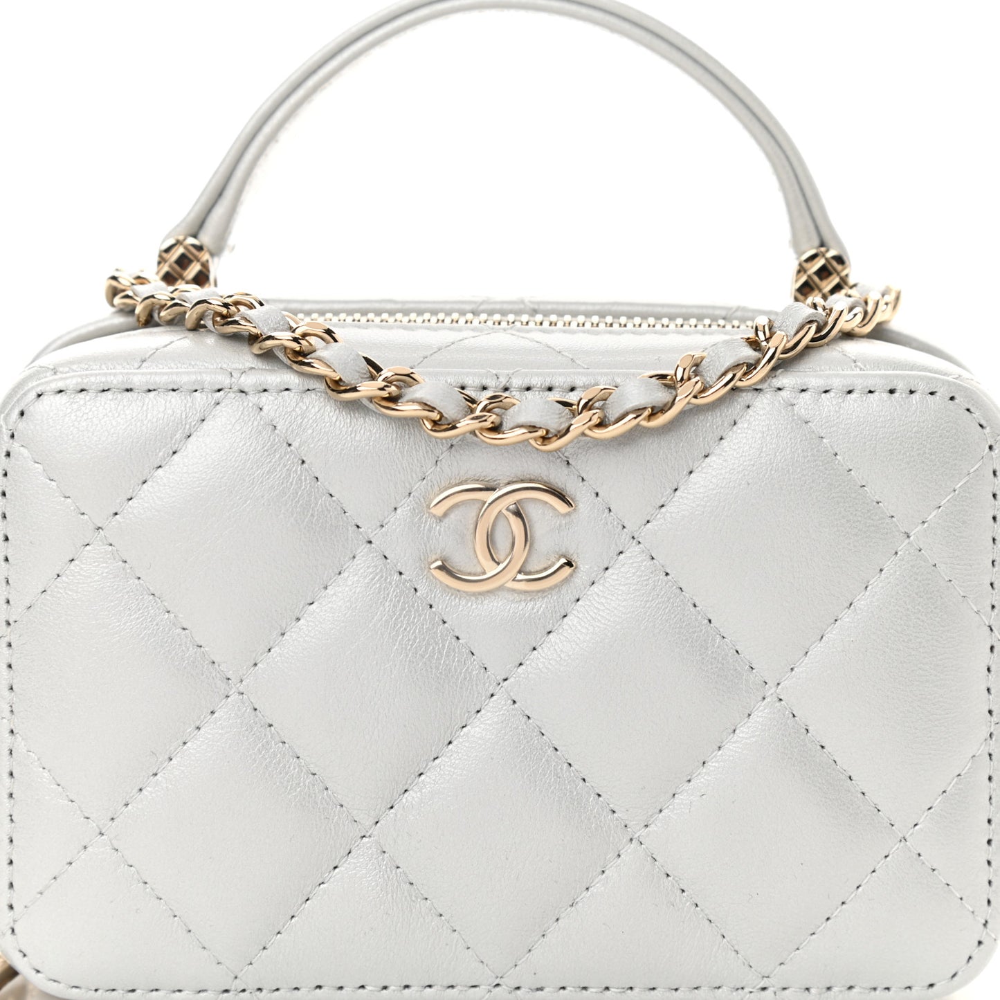 Metallic Lambskin Quilted Top Handle Vanity Case Silver