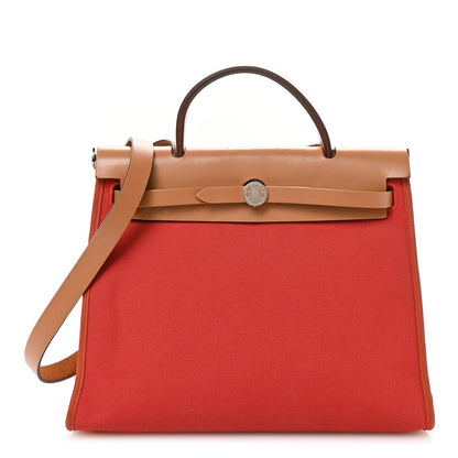 Hermes Vache Hunter Toile Herbag Zip 31 PM Rouge Tomate Natural 1 of 11