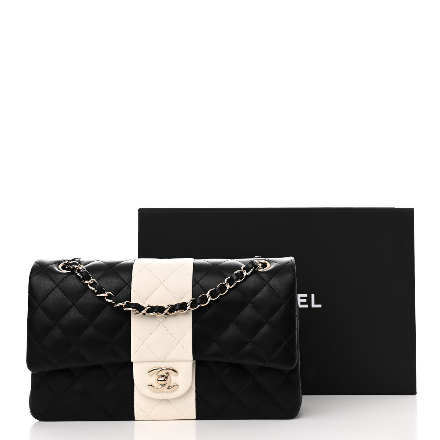 Lambskin Quilted Medium Double Flap Black White