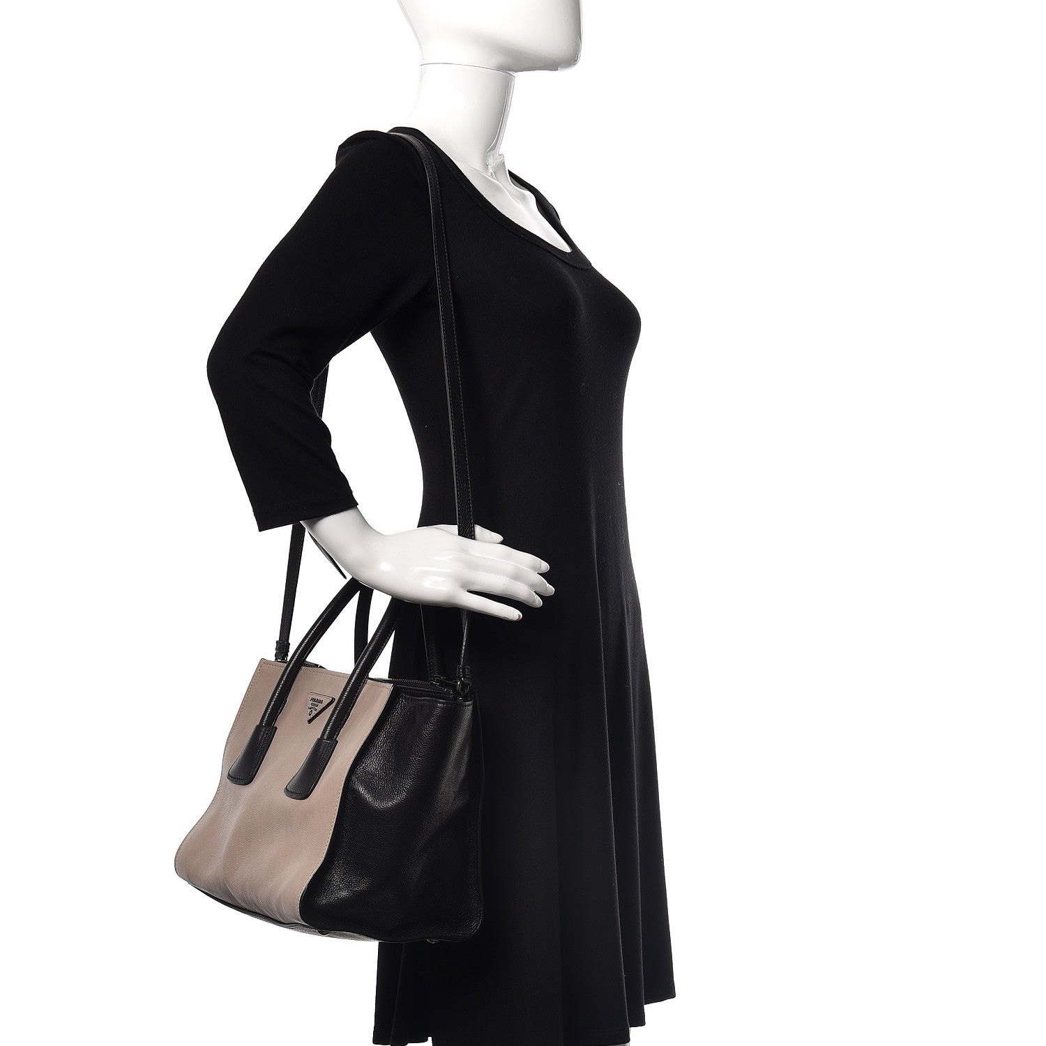 Prada Glace Calf Bi-Color Twin Pocket Tote Pomice Black 2 of 15