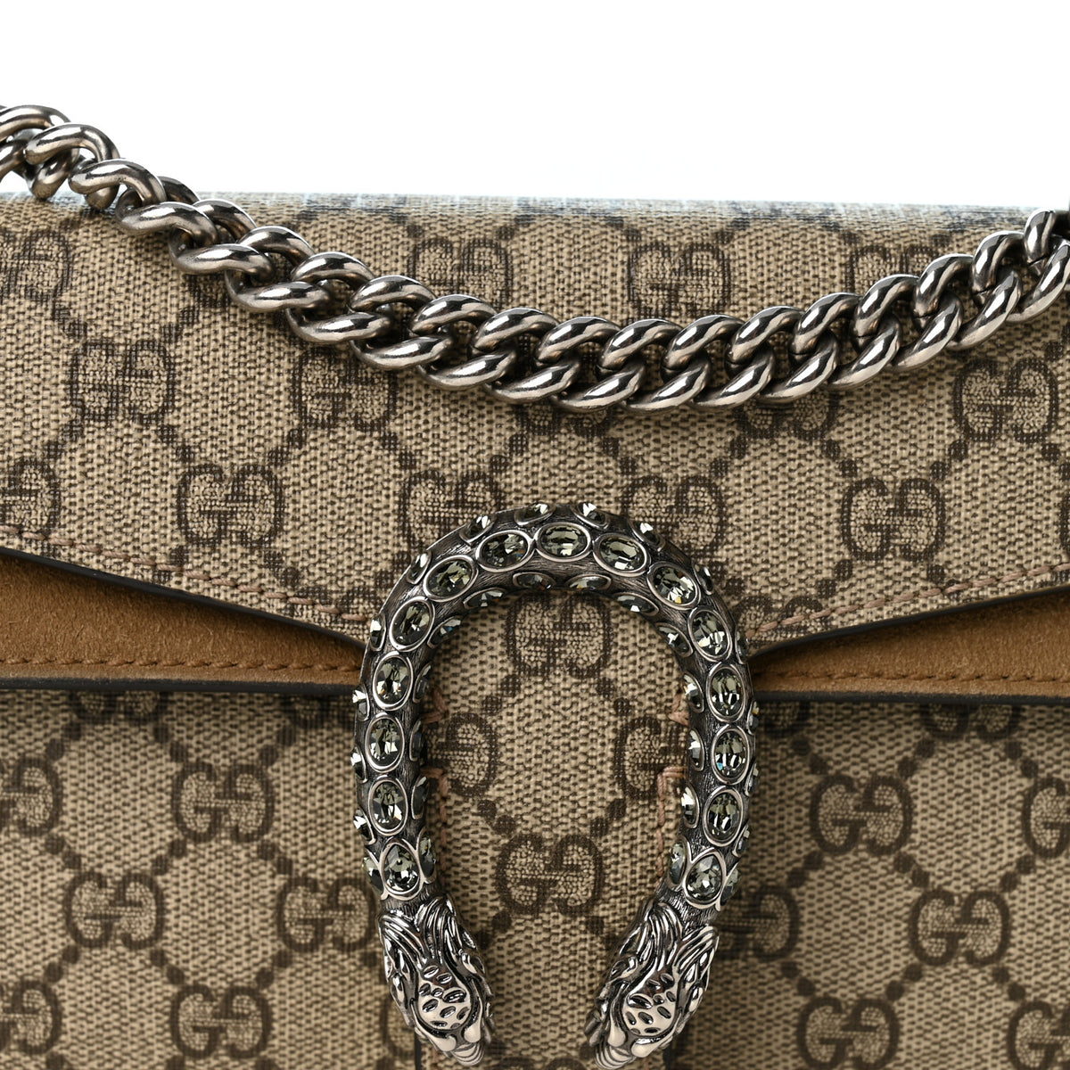 GG Supreme Monogram Suede Crystal Small Dionysus Shoulder Bag Beige Ebony Taupe