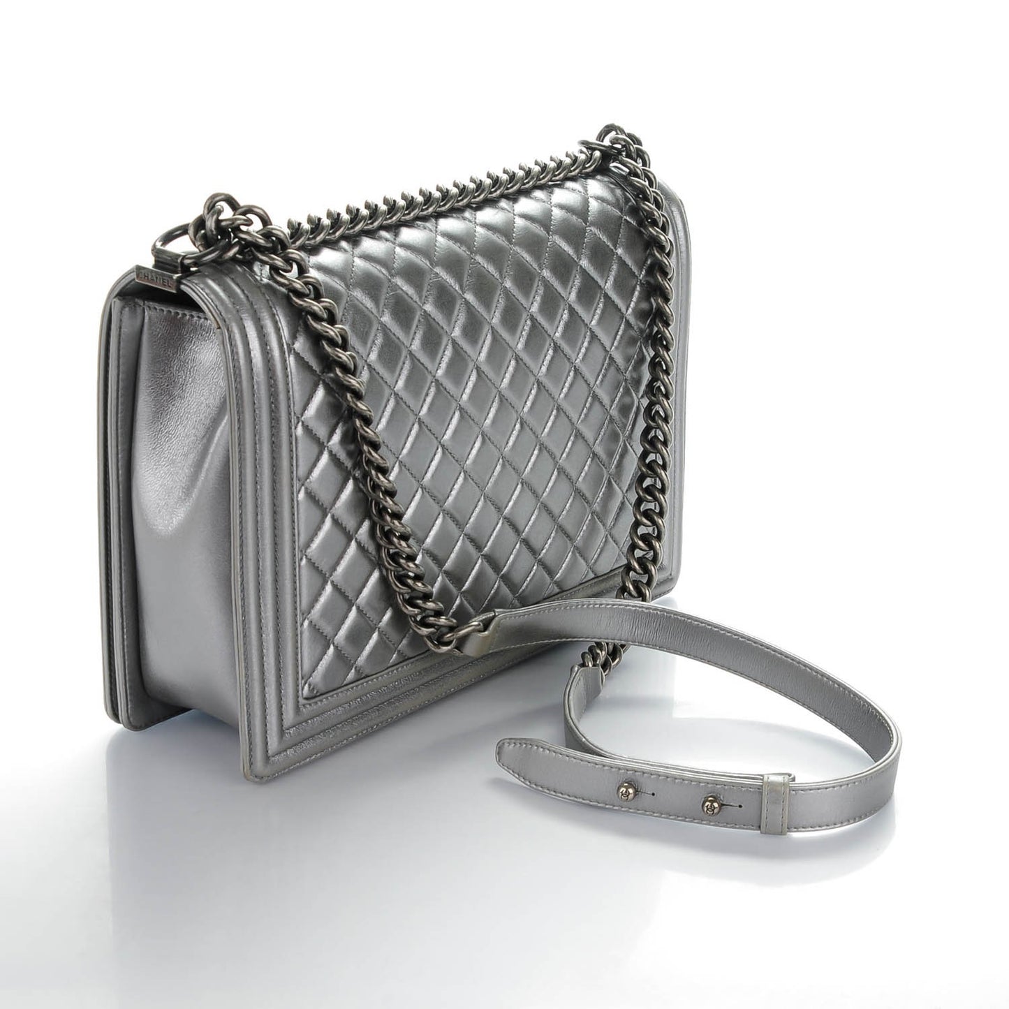 Metallic Calfskin Quilted Large Boy Flap Dark Silver