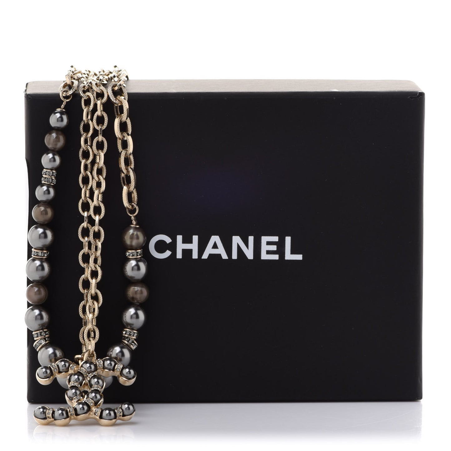 Crystal Pearl Nefertiti CC Double Chain Pendant Necklace Gold Dark Grey