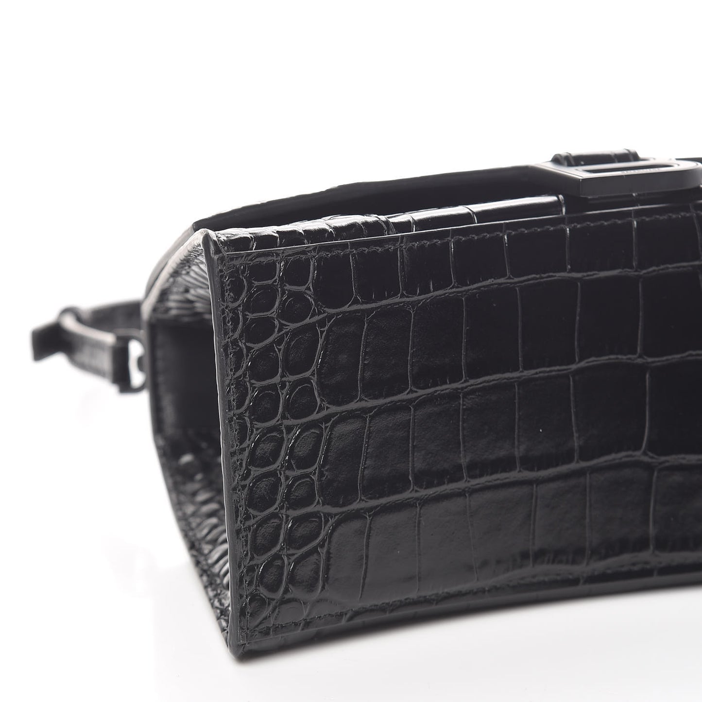 Shiny Calfskin Monochrome Crocodile Embossed Small Hourglass Top Handle Bag Black