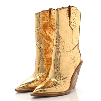 Fendi Metallic Calfskin Crocodile Embossed Cutwalk Ankle Boots 38 Gold 3 of 8
