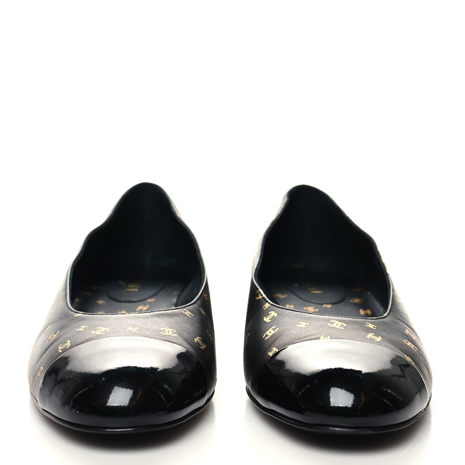 Chanel Lambskin Patent Calfskin Printed CC Cap Toe Ballerina Flats 39.5 Black Gold 2 of 9
