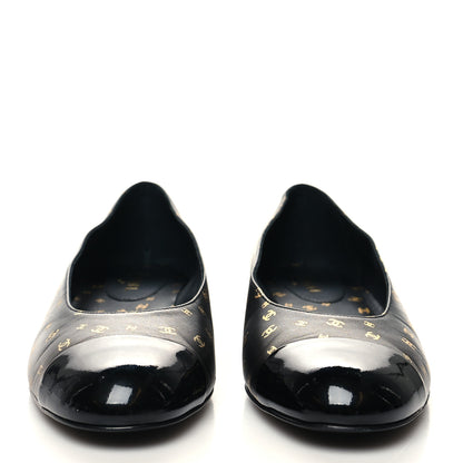Chanel Lambskin Patent Calfskin Printed CC Cap Toe Ballerina Flats 39.5 Black Gold 2 of 9