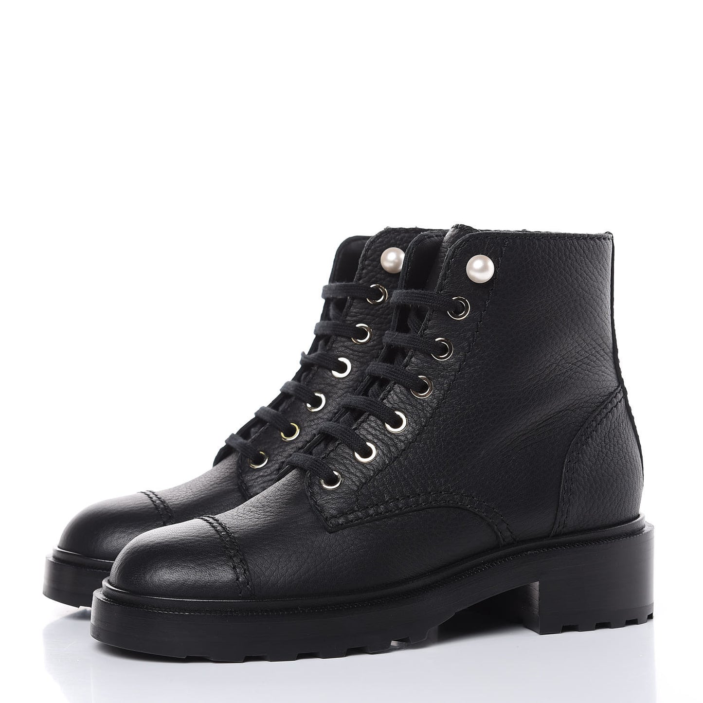 Calfskin Pearl Combat Ankle Boots 37 Black
