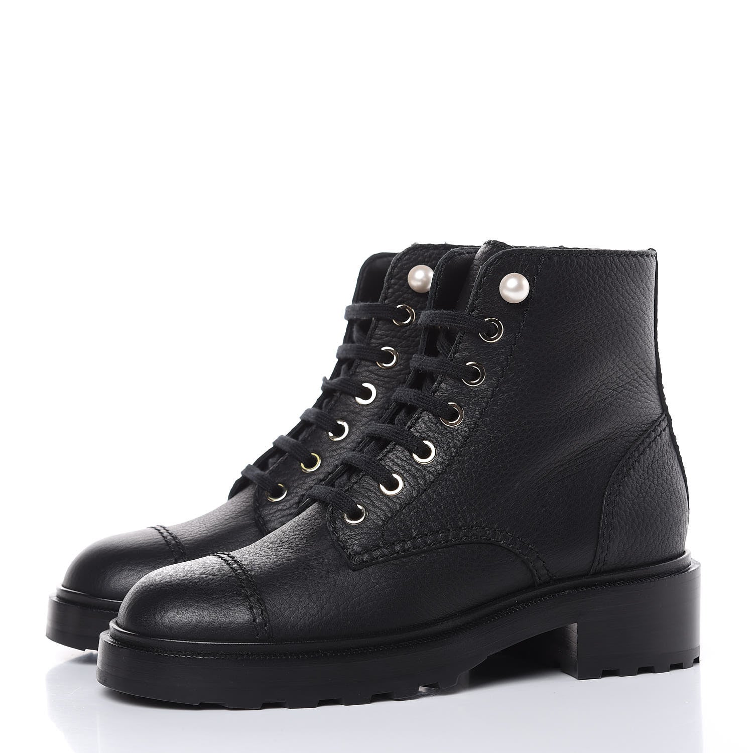 Chanel Calfskin Pearl Combat Ankle Boots 37 Black 3 of 8