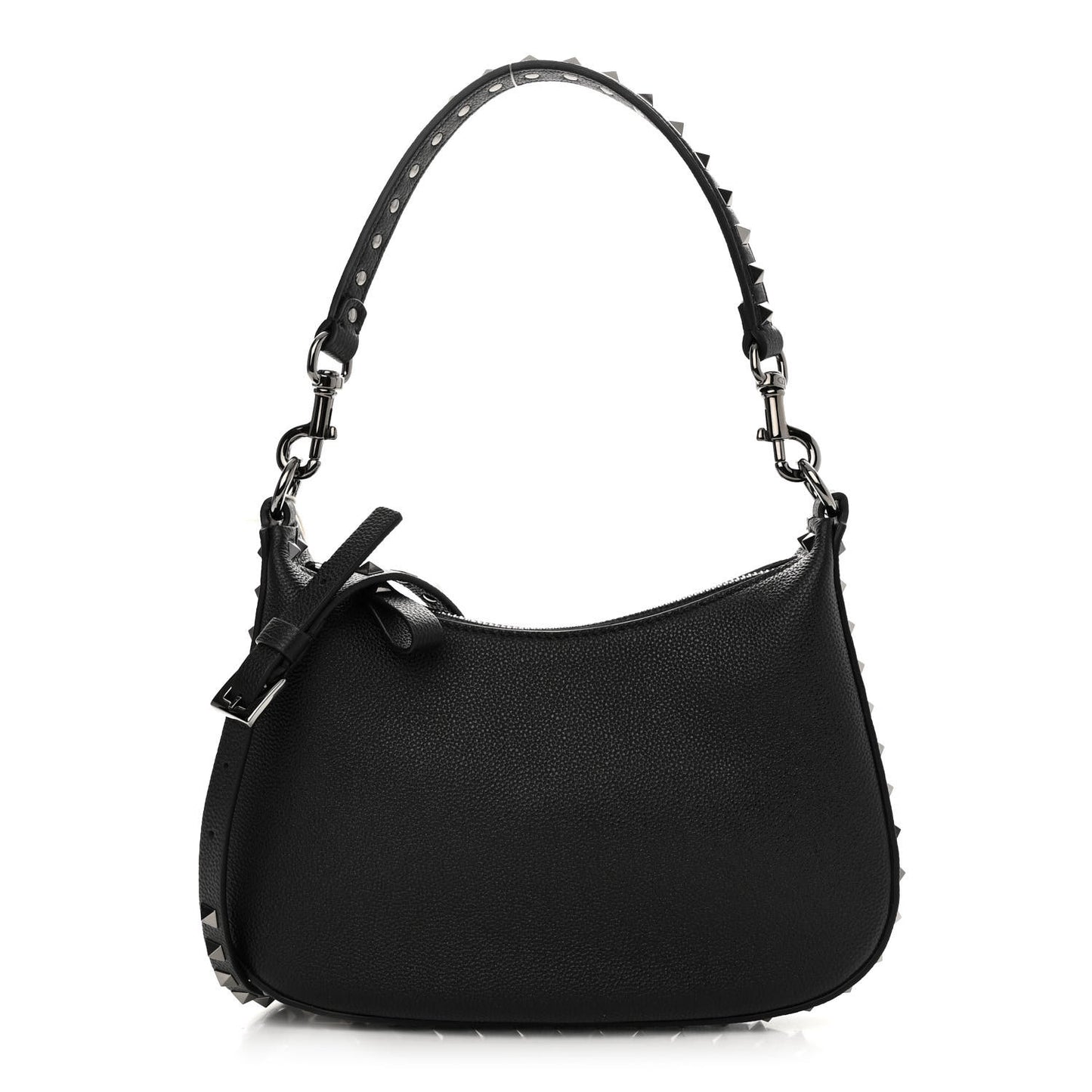 Grained Calfskin Rockstud Hobo Bag Black
