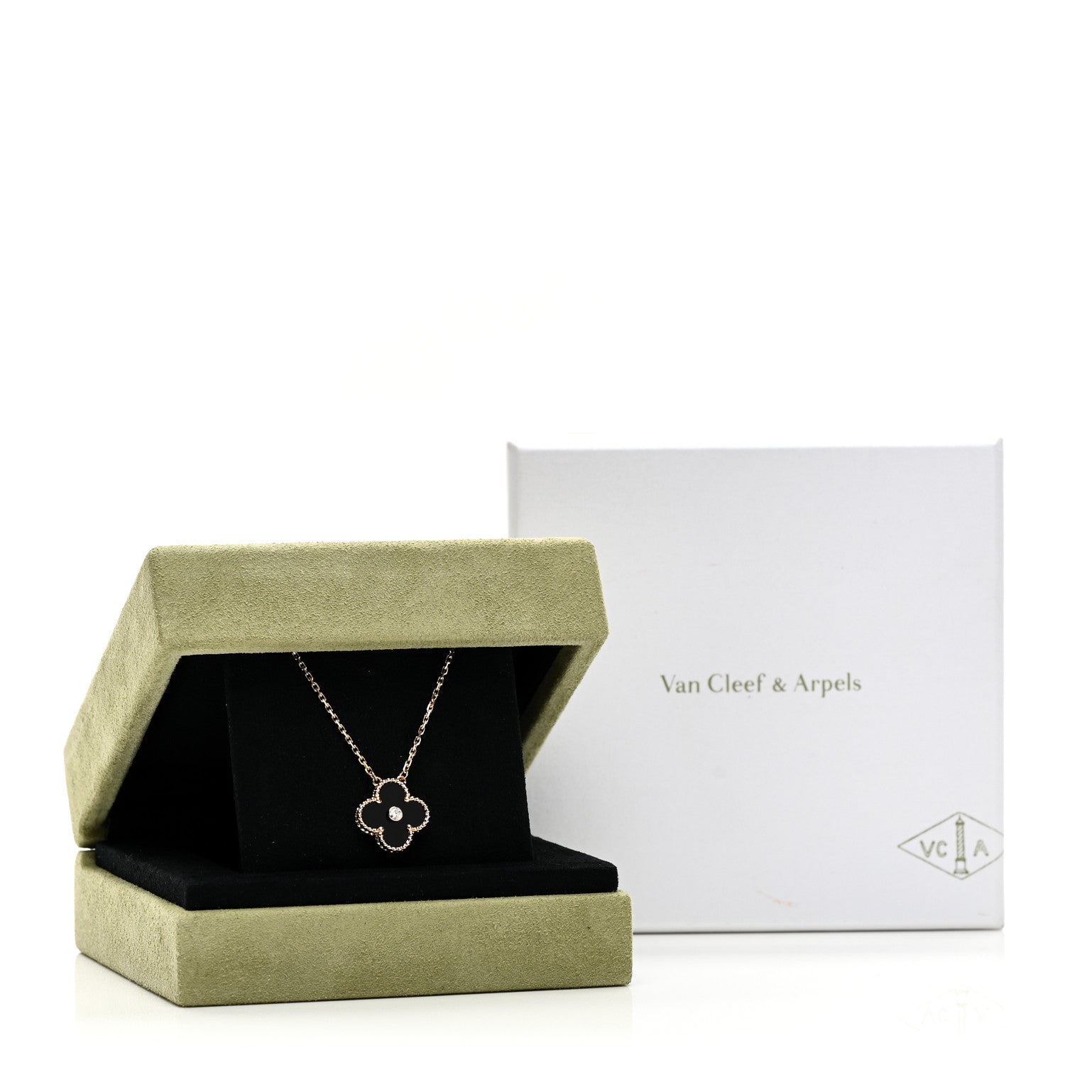 Van Cleef & Arpels 18K Rose Gold Diamond Black Onyx Vintage Alhambra Pendant Necklace 7 of 7