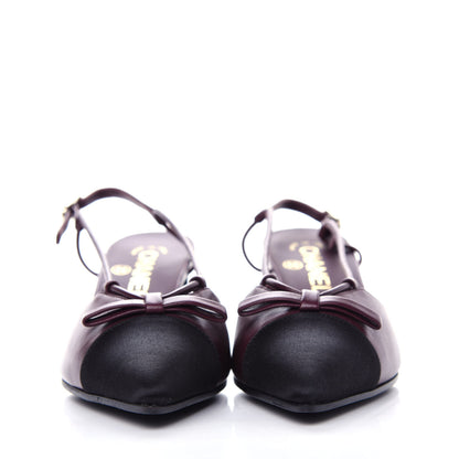 Chanel Lambskin Satin Slingback Cap Toe Bow Pumps 36.5 Burgundy Black 2 of 11