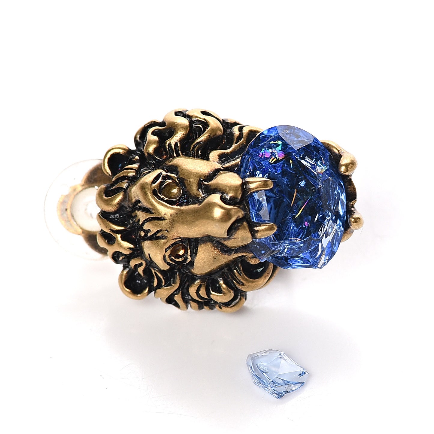 Metal Crystal Lion Clip On Earrings Aged Gold Blue