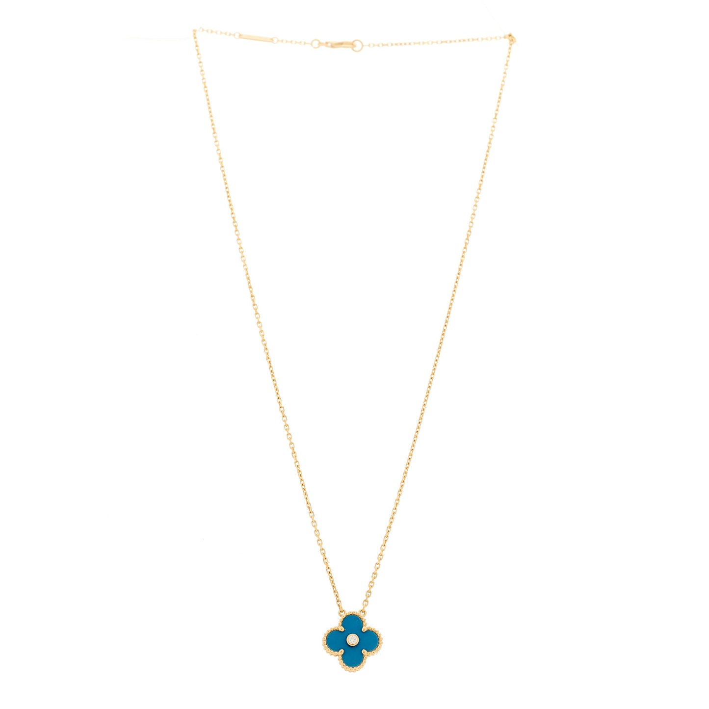 18K Yellow Gold Diamond Celestial Blue Sevres Porcelain Vintage Alhambra Pendant Necklace