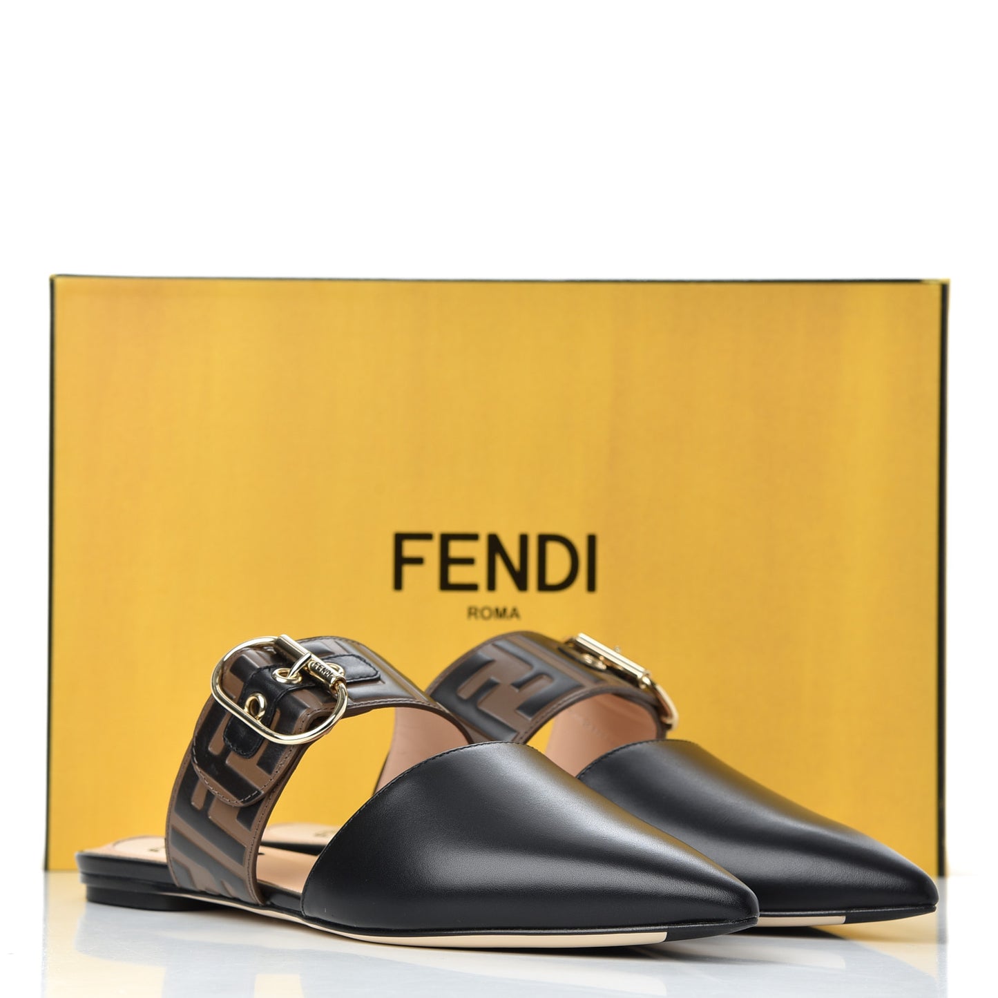 Vitello FF Embossed Buckle Flat Mules 38.5 Maya Black