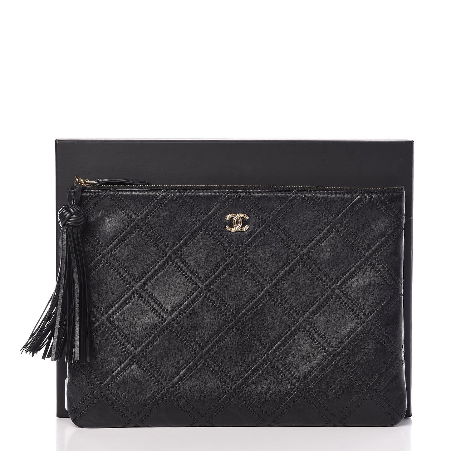 Calfskin Stitched Tassel CC Cosmetic Case Black