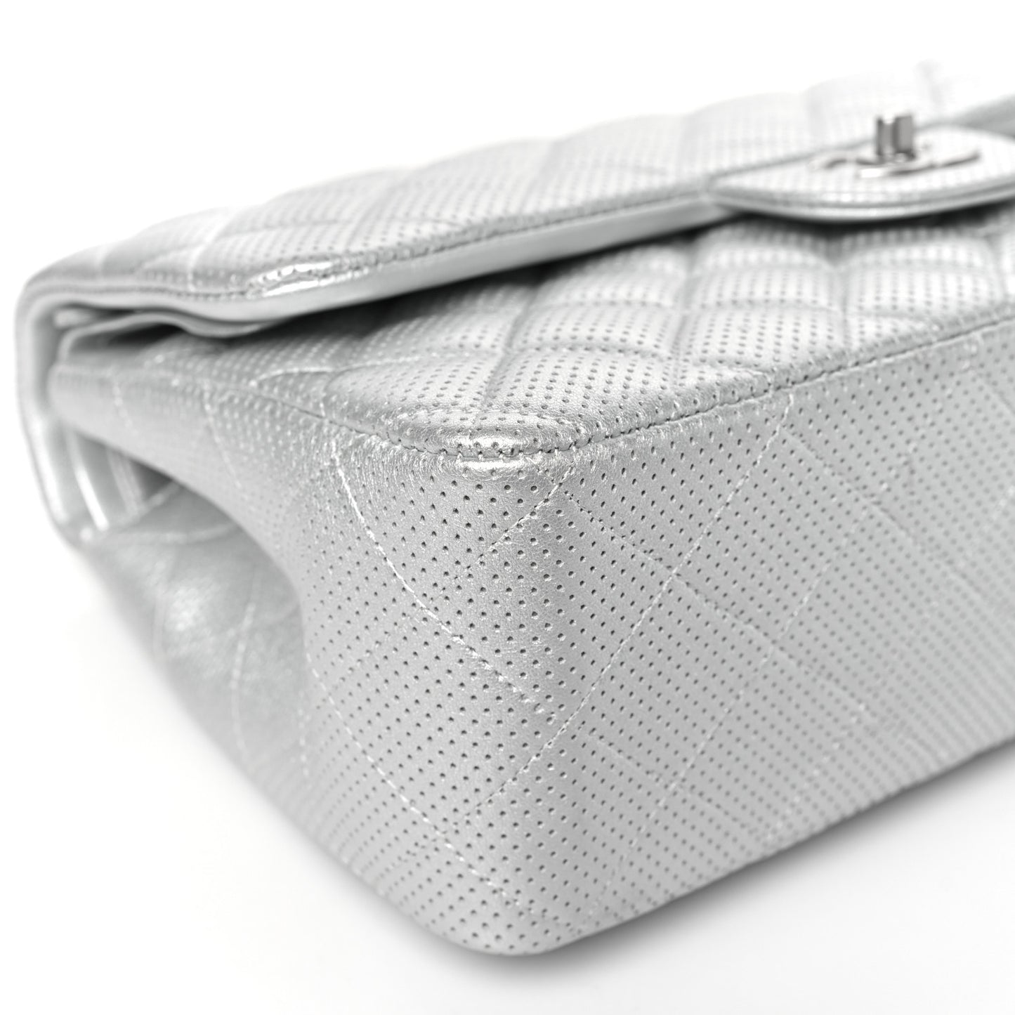 Metallic Perforated Lambskin Quilted Jumbo Double Flap Light Silver