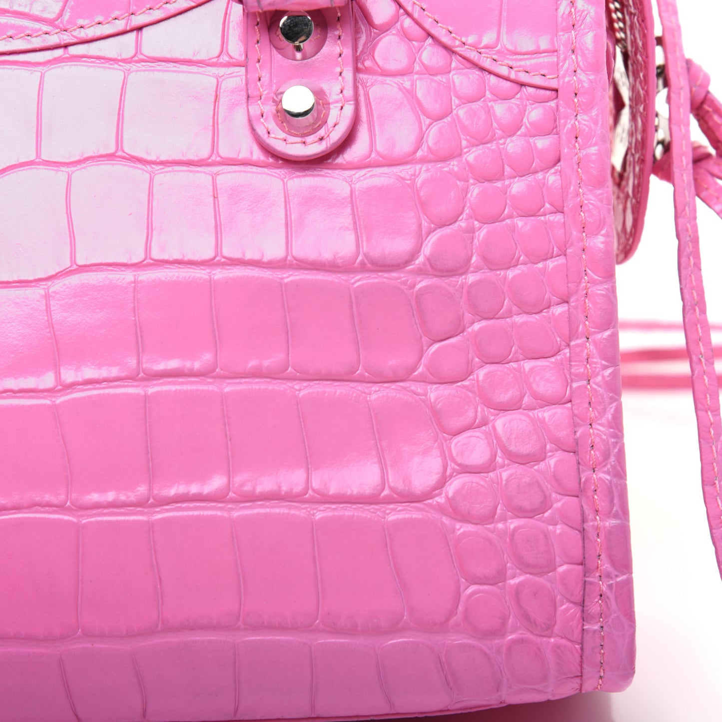 Shiny Supple Calfskin Crocodile Embossed Classic Silver Hardware Mini City Baby Pink
