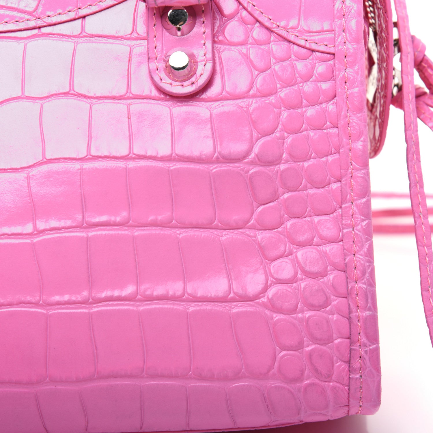Balenciaga Shiny Supple Calfskin Crocodile Embossed Classic Silver Hardware Mini City Baby Pink 11 of 32