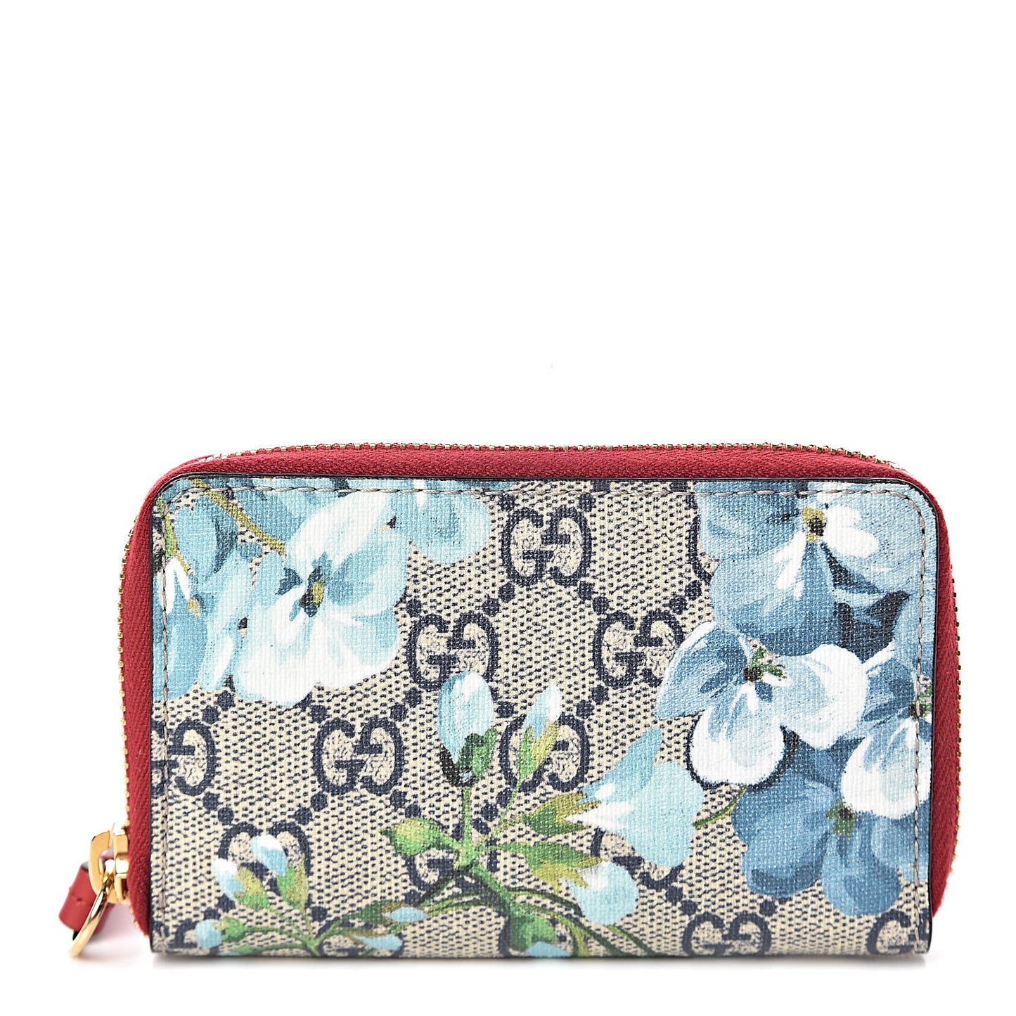 GG Supreme Monogram Blooms Zip Around Card Case Wallet Beige Blue Navy Hibiscus Red